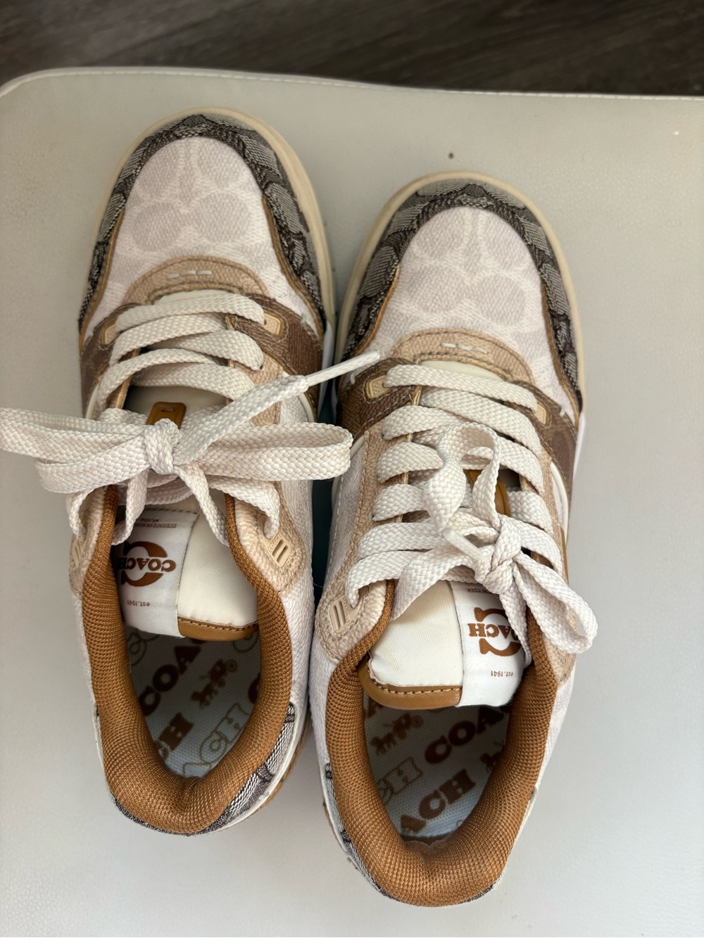 Coach Beige and Brown Logo Lace-Up Sneakers
